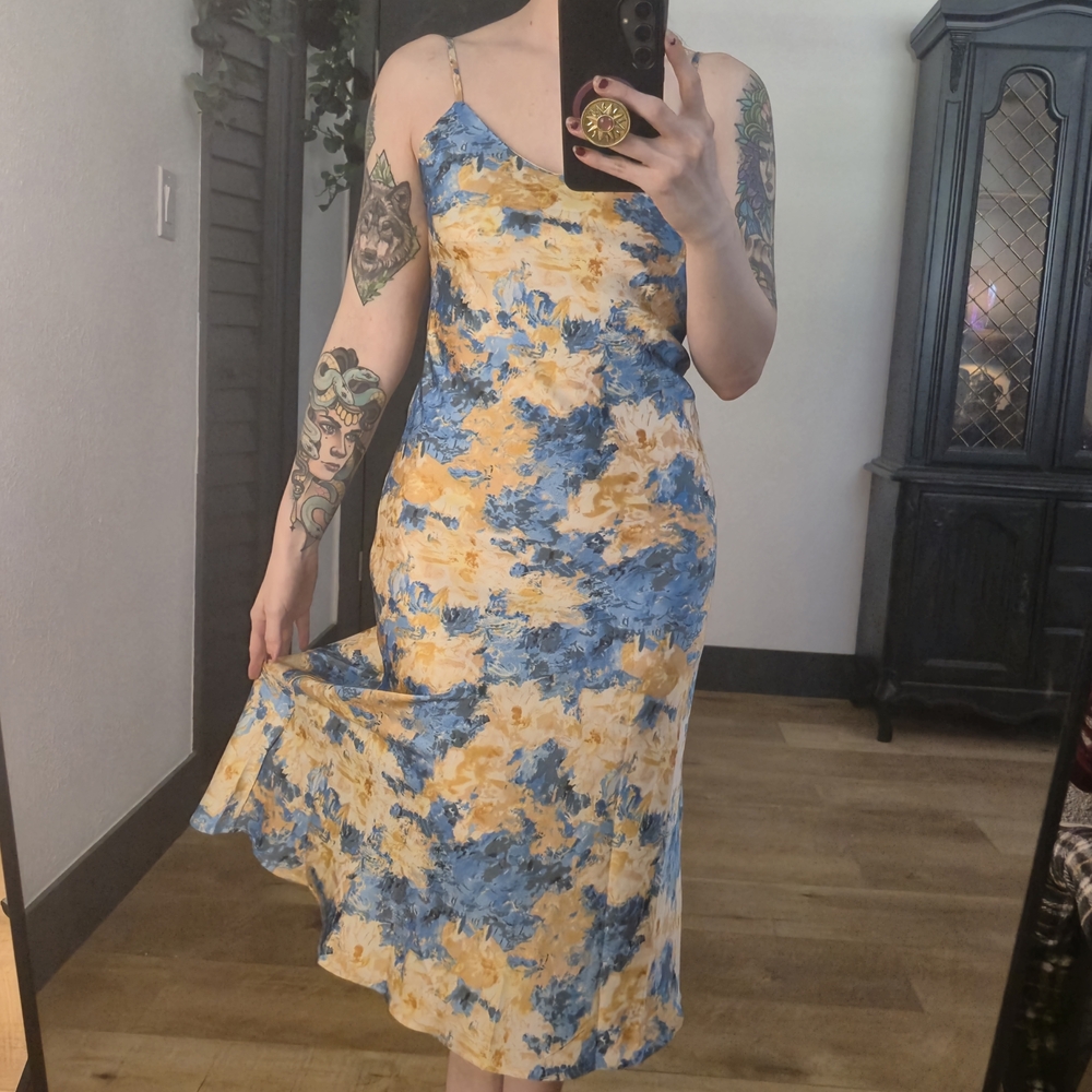 Cider Blue and Yellow Floral Pattern Midi Dress